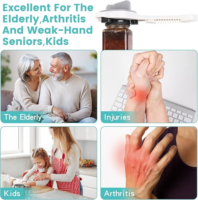 Jar Opener for Weak Hands, Seniors & Arthritis – Adjustable 4-in-1 Bottle & Can Opener with Non-Slip Pad – for Large Pickle Jars, Soda, Wine – Left-Handed & Kid-Friendly, Dishwasher Safe