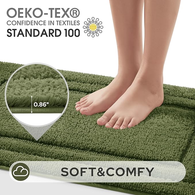 HOMEIDEAS Bathroom Rugs Sets 3 Piece, Microfiber Shaggy Bath Mat Set, Non-Slip Ultra Soft Carpet Mats, Large Rugs with U-Shaped Toilet for Bathroom, Tub, Shower,Sage Green