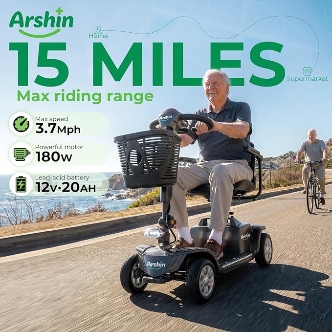 Arshin Mobility Scooter, Electric Foldable Mobility Scooter 300lbs Capacity with Detachable Battery, 15-Miles Powered Mobility Scooters for Seniors & Adults, Charger Included (A061-BLACK)