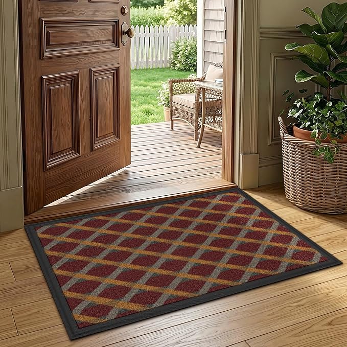 LUMI Front Door Mat 17x30, Low-Profile Non-Slip Welcome Mat for Indoor Outdoor, Stain & Fade Resistant Geometric Door Mat for Entryway Patio Porch, Weave-Rust