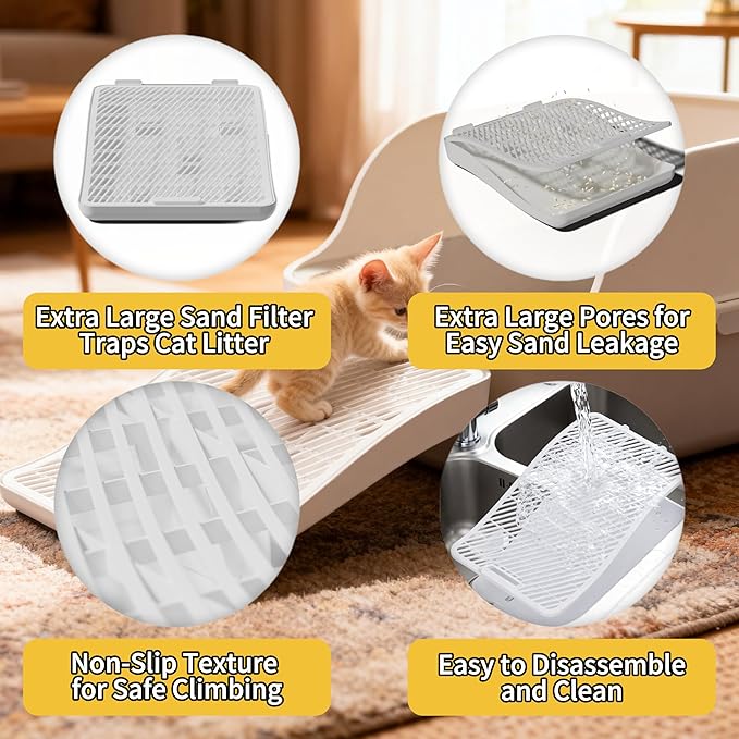 Cat Litter Box Step Ramp with Litter Catcher, Non-Slip Trapping Mat for Kittens and Senior Cats, Washable (White, Large)