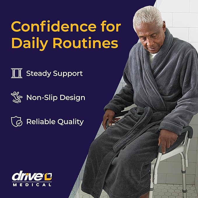 Drive Medical Shower Chair with Back & Padded Arms - Adjustable Height Bath Seat for Safety & Comfort - Lightweight Aluminum Construction- 350 Lb Capacity - White