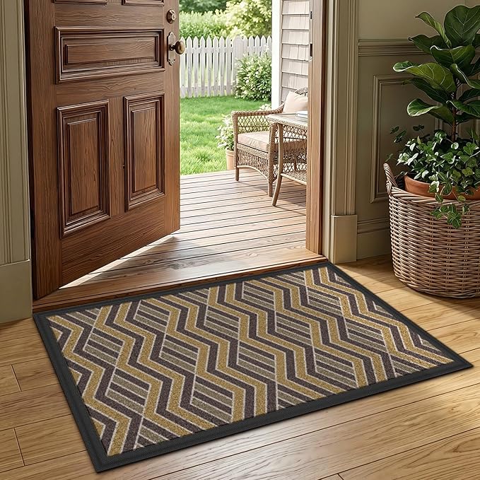 LUMI Front Door Mat 17x30, Low-Profile Non-Slip Welcome Mat for Indoor Outdoor, Stain & Fade Resistant Geometric Door Mat for Entryway Patio Porch, Zig-Amber