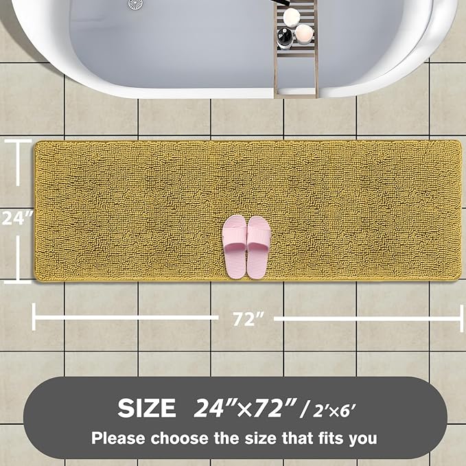 Bathroom Runner Rug 24 x 72 Non Slip – Extra Long Bath Mat | Absorbent and Washable Thick Chenille Runner Rug for Bathroom, Shower, Tub, Sink(Mustard)