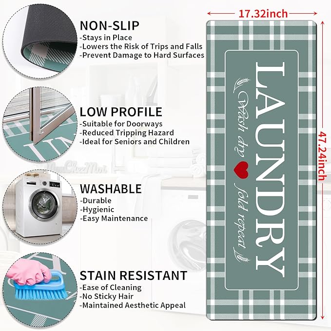 XLHOMO Laundry Room Rug Runner, 17"x47" Buffalo Plaid Non Slip Teal Laundry Rugs, Farmhouse Washable Floor Laundry Mats for Laundry Room, Mudroom, Kitchen, Washroom, Bathroom, Entryway Rugs Decor