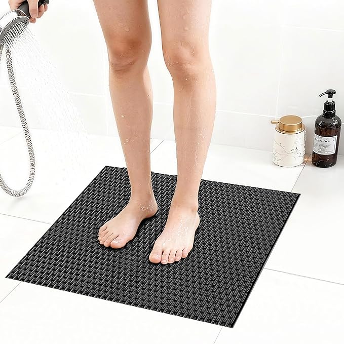 Extra Large Non-Slip Shower Mat, Fast-Dry PVC Bath Stall & Tub Mat, Drain-Hole Design,for Shower Stall Tub for Elderly/Kids，Non Slip Bathroom Safety Accessory，Black 21"x21"