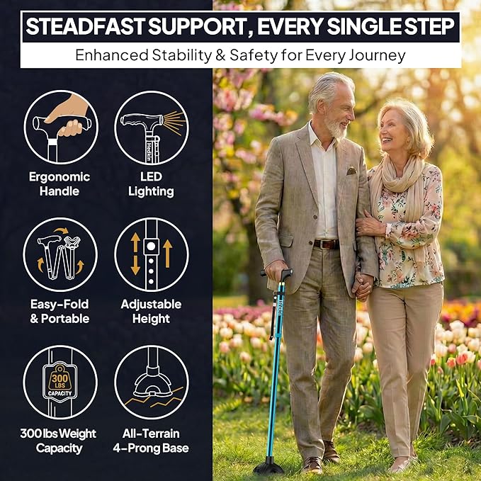 Walking Cane with LED Light, Foldable,Adjustable, Self Standing Walking Canes for Men & Women,Walking Sticks with Quad Base for Seniors & Adults