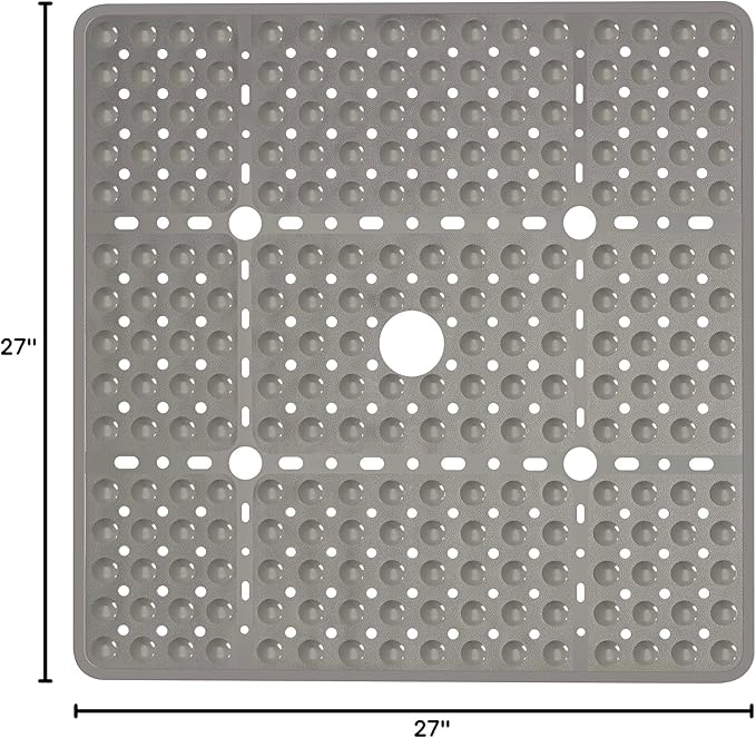 Large Square Shower Mat 27 x 27 Inch Clear Gray, Non Slip Shower Bathtub Mats for Inside Shower with Big Suction Cups Drain Holes, Anti Slip Bathroom Floor Stall Mats, Easy Clean, BPA-Free