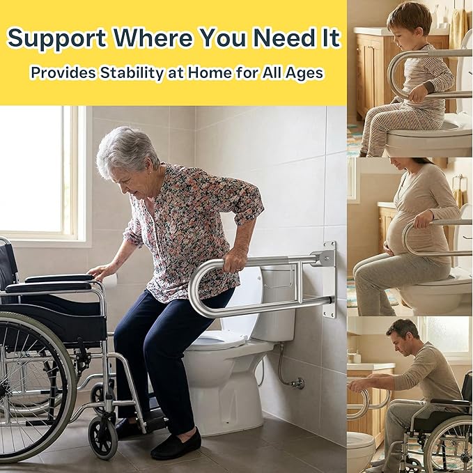 24-Inch Foldable Shower Grab Bar – 90° Flip-Up Design, Premium 304 Stainless Steel, Anti-Slip Grip with Built-in Paper Holder, Wall-Mounted Handicap Safety Rail, Supports 300–350 lbs