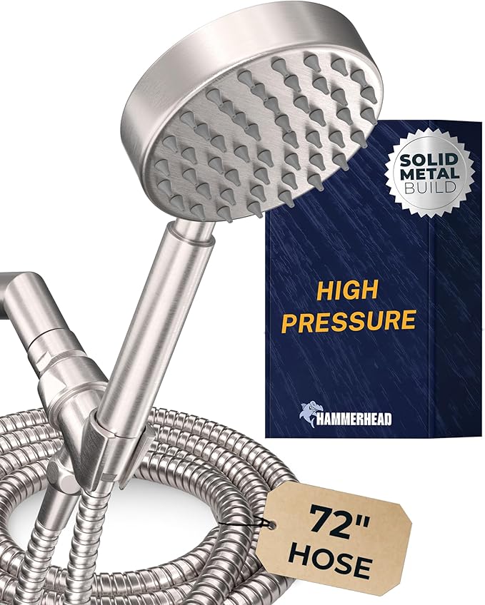 HammerHead Showers® Solid Metal Handheld Shower Head with Hose and Brass Holder - BRUSHED NICKEL - 2.5 GPM High Pressure Shower Heads with Adjustable Shower Wand Bracket - 6ft Flexible Extension