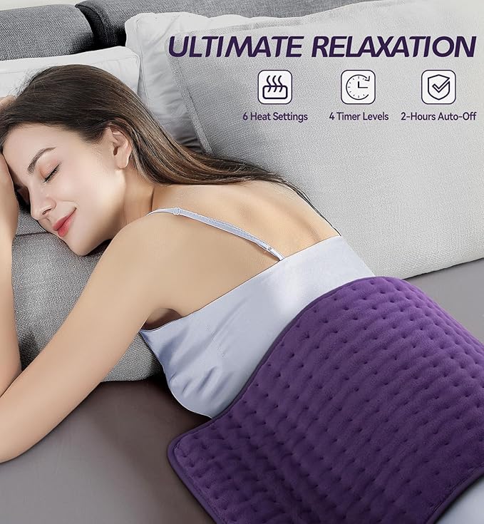 Electric Heating Pad for Back, Neck & Cramps Relief - Moist & Dry Heat Therapy - 6 Heat Settings, 4 Timer Options, Auto Shut-Off, Machine Washable, Ideal Christmas Gift for Men & Women,12"x24"
