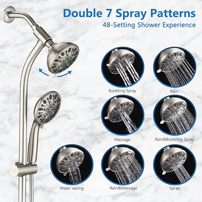 High Pressure 48-Settings Shower Head with Handheld Shower,Drill-Free 3-Way Diverter for Easy Reach,Adjustable Height Slide Bar Dual Shower Head Combo Set - Brushed Nickel