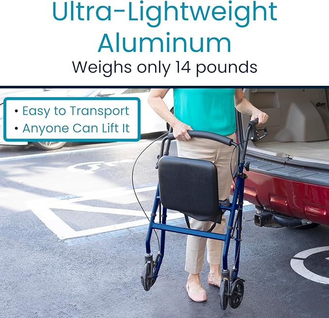 Vive Ultra Lightweight Rollator Walker with Seat - Foldable, Narrow, Rolling Senior Walker for Small Spaces - 4 Wheel Aluminum Adult Easy Drive Aid with Underseat Accessory