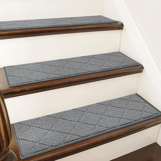 COSY HOMEER Stair Treads for Wooden Steps 9"x28" Washable Indoor Carpet Stair Treads Non Slip Soft Polyester Stair Carpet Tread Reusable Stair Runner Rugs for Kids, Elders,Pets,Medium Grey,7pcs
