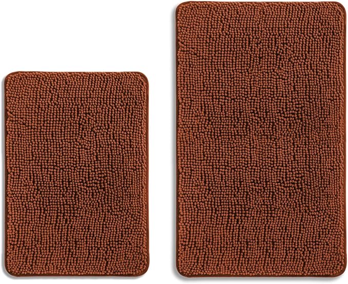 Rust Bathroom Rugs Sets 2 Piece – Absorbent and Washable Bath Mat, Non-Slip, Thick Soft Chenille Bath Rugs for Bathroom Floor, Shower, Sink - 17" x 24"+20" x 32"