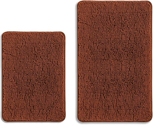Rust Bathroom Rugs Sets 2 Piece – Absorbent and Washable Bath Mat, Non-Slip, Thick Soft Chenille Bath Rugs for Bathroom Floor, Shower, Sink - 17" x 24"+20" x 32"