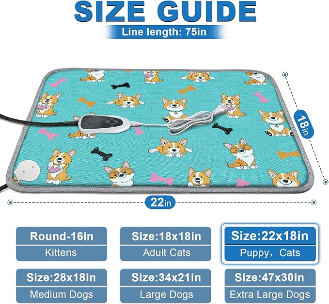 GOLOPET Cat Heating Pad,22x18 in Heated Cat Bed,Adjustable Thermostat+Constant On Function,with Metal Protective Tube Waterproof Puppy Heating Pad - Blue