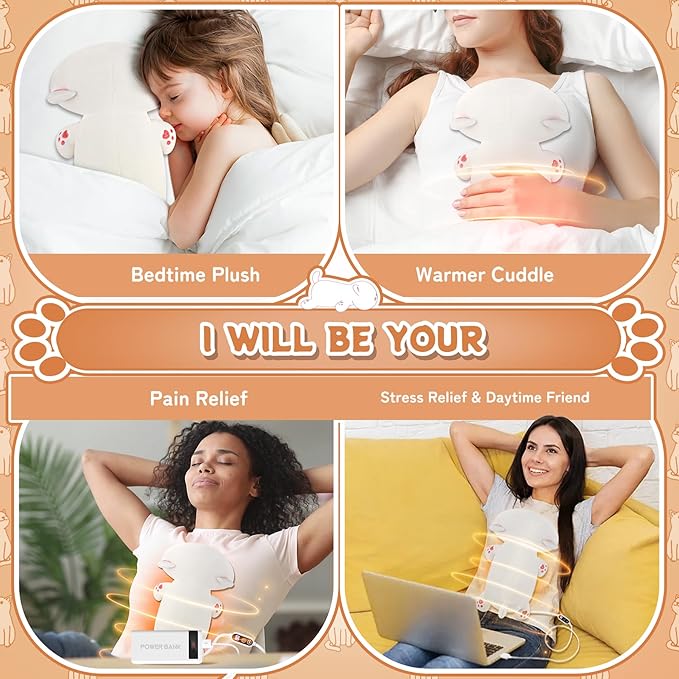 Electric Heating Pad for Period Cramps, Cuddly Kawaii 14'' White Cat Plush with a Hot Soft Belly USB Powered, Menstrual Heating Pad Neck Shoulder Pain Relief, Gift for Daughter Wife Period Heating Pad