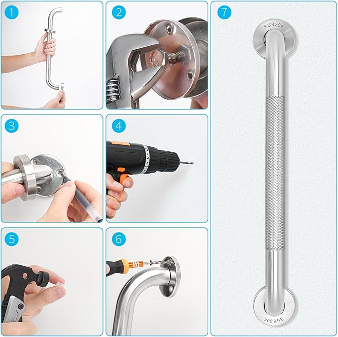 2-Pack, Shower Grab Bars & Bathtub Safety Handles - 304 Stainless Steel Textured Non-Slip Assist Rails for Anti-Fall Support in Tub, Shower, and Toilet Areas (Silver, 20 Inch)
