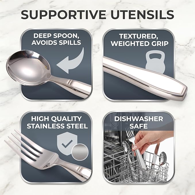Weighted Utensils for Tremors and Parkinsons, Heavy Weight Stainless Steel Silverware Set, Adaptive Eating Flatware Helps Hand Tremors, Parkinsons Aids for Living, Arthritis - Knife, Fork, Spoons, 7oz