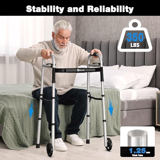 Whlicks Folding Walkers for Seniors,Aluminum Lightweight Walkers with Wheels, Adjustable Width and Height Front Wheel Walker for Elderly and Disabled, Supports up to 350 lbs