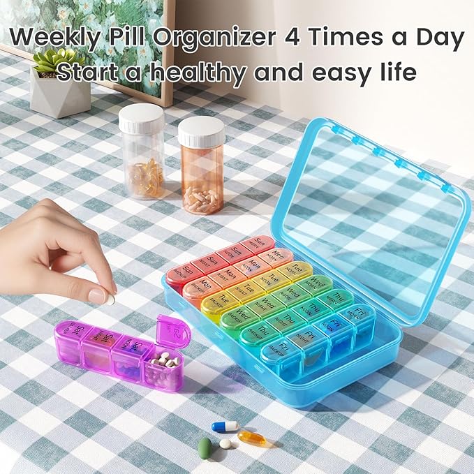Daviky Pill Organizer, Daily Pill Box 7 Day, Weekly Pill Organizer 4 Times a Day, Large Travel Pill Case with 28 Compartment to Hold Medicine, Vitamin and Supplement (Blue)