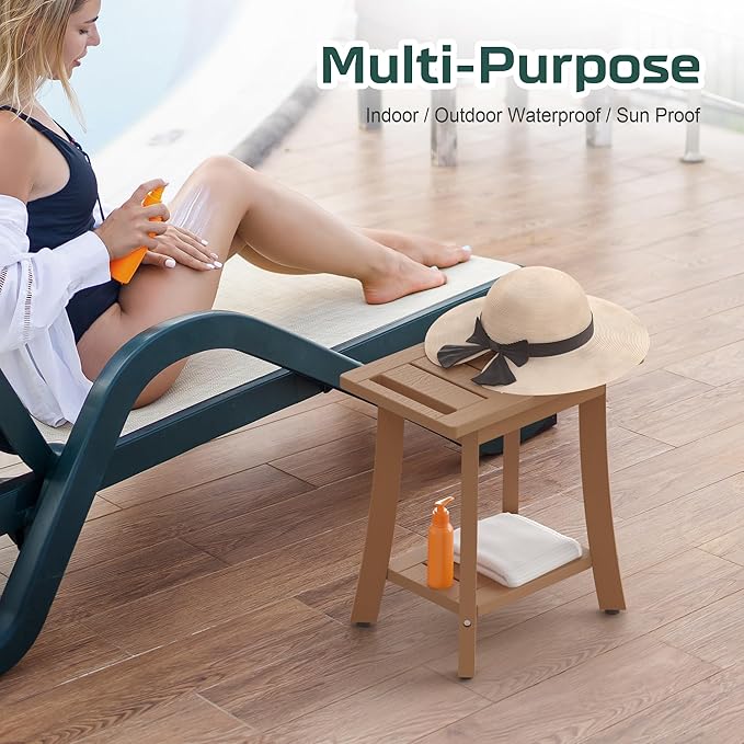 Waterproof Shower Benches for Inside Shower, Poly Lumber Shower Stool with Storage Shelf & Adjustable Feet, SPA Bathroom Seat Chair for Shaving Legs, Indoor or Outdoor Use, Teak Brown