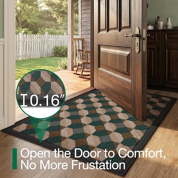 LUMI Front Door Mat 17x30, Low-Profile Non-Slip Welcome Mat for Indoor Outdoor, Stain & Fade Resistant Geometric Door Mat for Entryway Patio Porch, Geo-Olive