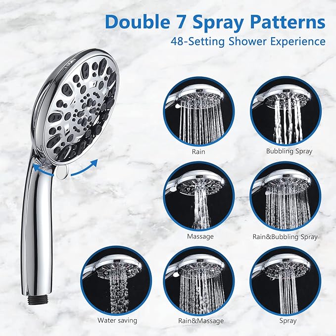 High Pressure 48-Settings Shower Head with Handheld Shower,Drill-Free 3-Way Diverter for Easy Reach,Adjustable Height Slide Bar Dual Shower Head Combo Set - Chrome