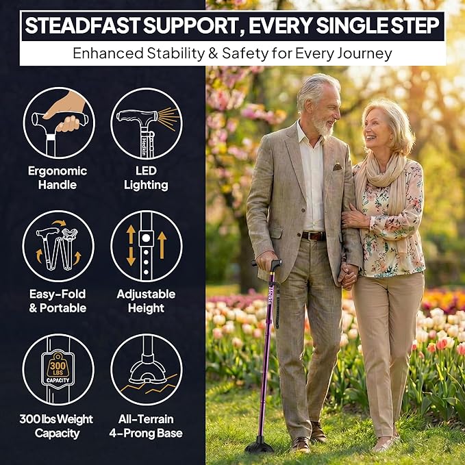 Walking Cane with LED Light, Foldable,Adjustable, Self Standing Walking Canes for Men & Women,Walking Sticks with Quad Base for Seniors & Adults