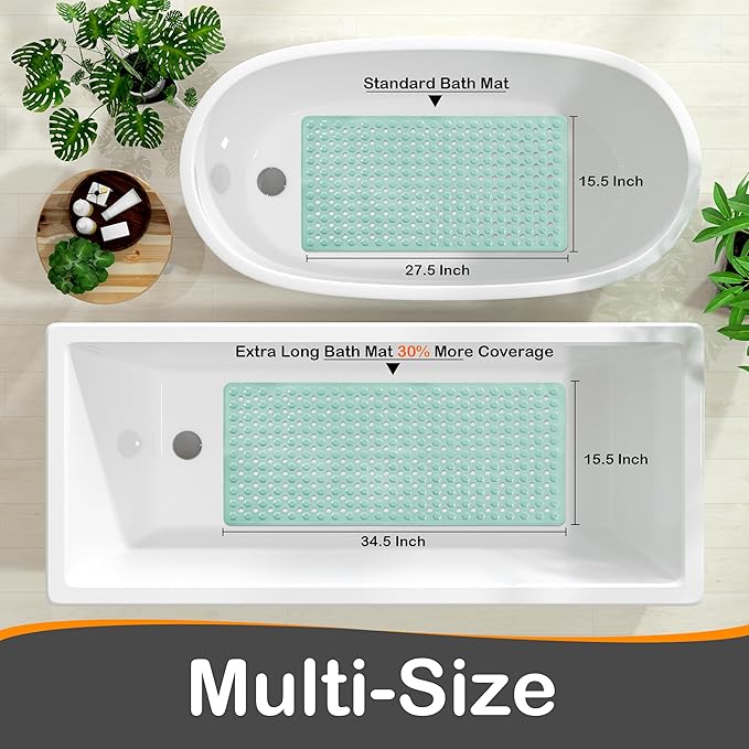 Yimobra Bath Tub Mat Non Slip, 34.5"x15.5" Long Shower Mat, Machine Washable Bathmat with Drain Holes and Suction Cups, Soft on Feet, Bathroom Essentials, Light Green