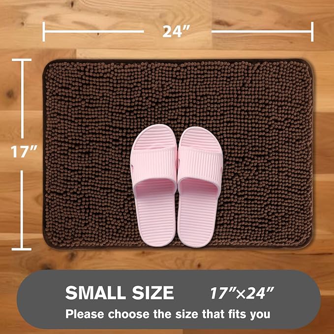 Brown Bathroom Rugs – Absorbent and Washable Bath Mat, Non-Slip, Thick Soft Chenille Bath Rugs for Bathroom, Shower, Sink - 17" x 24"