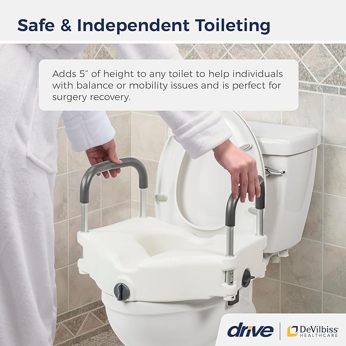 Drive Medical Preservetech Secure Lock Raised Toilet Seat With Handles, 5 Inch, White