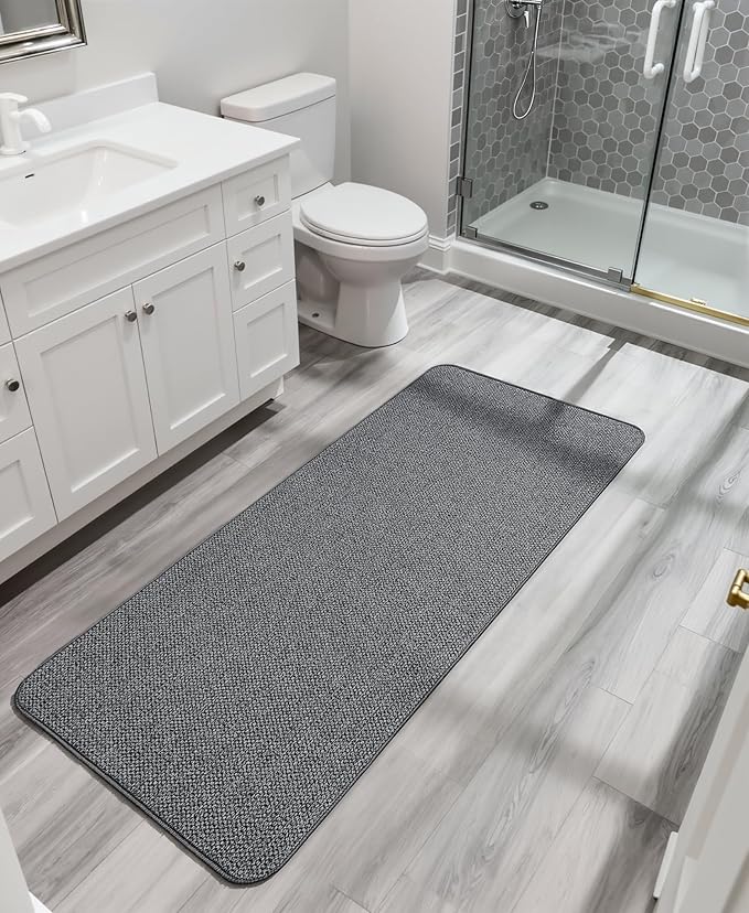 Bosap Bath Mat,Ultra Thin Bathroom Runner Rugs,Large Bath Mats for Bathroom,Quick Dry,Non-Slip,Machine Washable,Low Pile,Bath Rug,Shower Outside,Sink,Home Decor Accessories.Dark Grey,2'x6'(24x72inch)