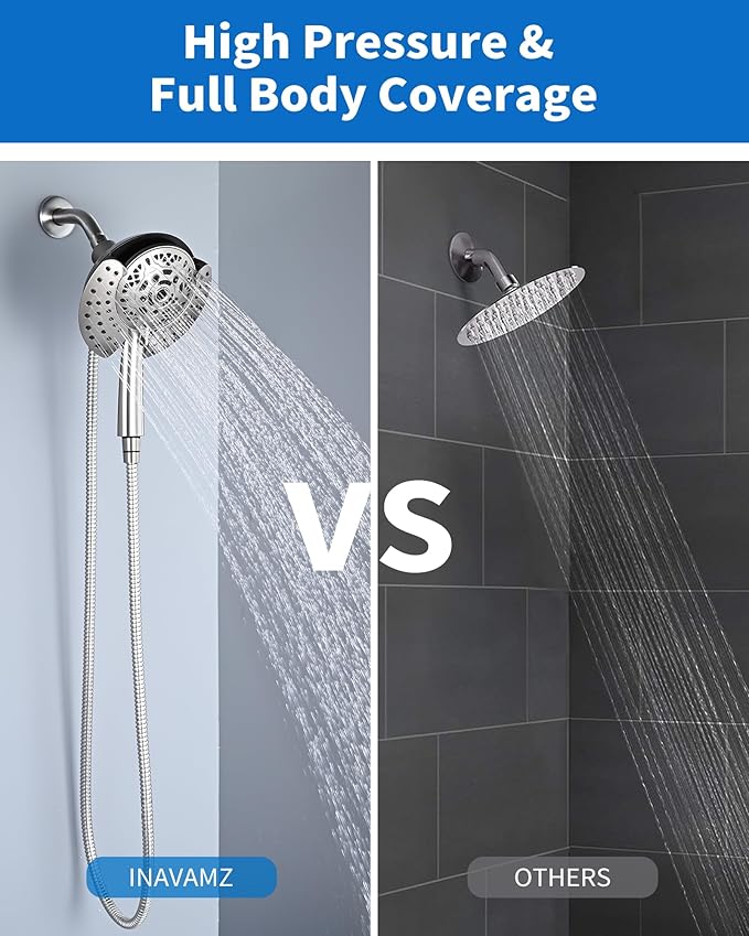 INAVAMZ 2.5GPM Shower Heads with Handheld Spray Combo: 7.2" Rainfall Shower Head & Hand Held Shower Head 2-IN-1 Shower Head with 60" Rotatable Stainless Steel Hose Nickel, Shower Trim Systems