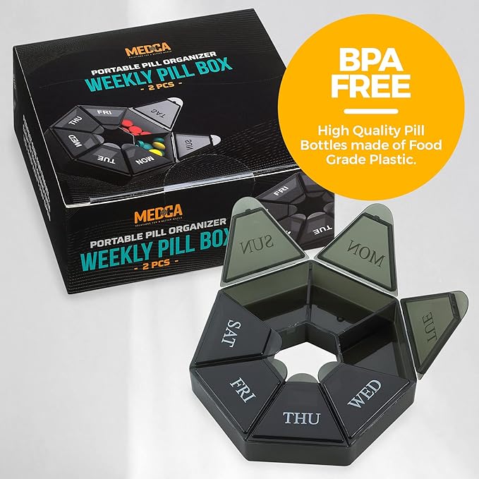 Weekly Pill Organizer - (Pack of 2) 7-Day Pill Container - Arthritis Friendly Portable & Compact Travel Case Daily Compartment Medicine Pills Box for Supplements, Medication, Vitamins and Fish Oils