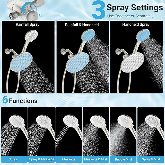 dual shower head with handheld combo,8.6 inch Rainfall showerhead,6 settings hand held shower heads with hose (Brushed Nickel)