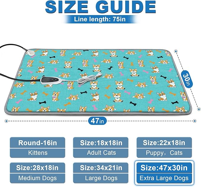 GOLOPET Extra Large Dog Heating Pad 47x30 in Waterproof Smart Thermostat Switch, Whelping Supplies Heated Dog Bed, Adding Wire Rope Wires Puppy Heating Pad Mat-Blue