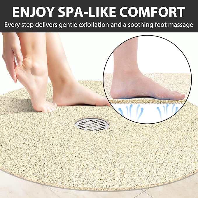 Non Slip Shower Mat: 32x32 inch Round Shower Mats for Inside Shower with Central Drain Hole, Soft Loofah Shower Floor Mat for Standing Shower Stall, RV, Tile Fiberglass Shower Pan, Quick Dry