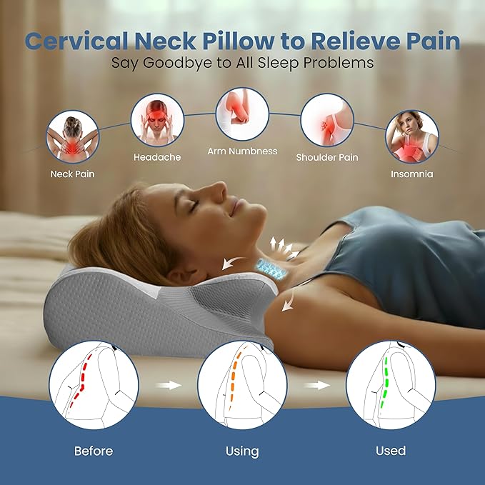 Ergonomic Cervical Memory Foam Pillow for Neck Pain Relief, Adjustable Contour Pillow with Hollow Center & Cooling Cover