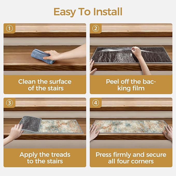 sarben Carpet Stair Treads Non Slip 15PCS, 8" X 30" Edging Stair Runner for Wooden Steps Indoor, Resistant Stair Rugs with Reusable TPE Adhesive Backing, Residue Mat for Elders, Pets, Ashstone/Grey