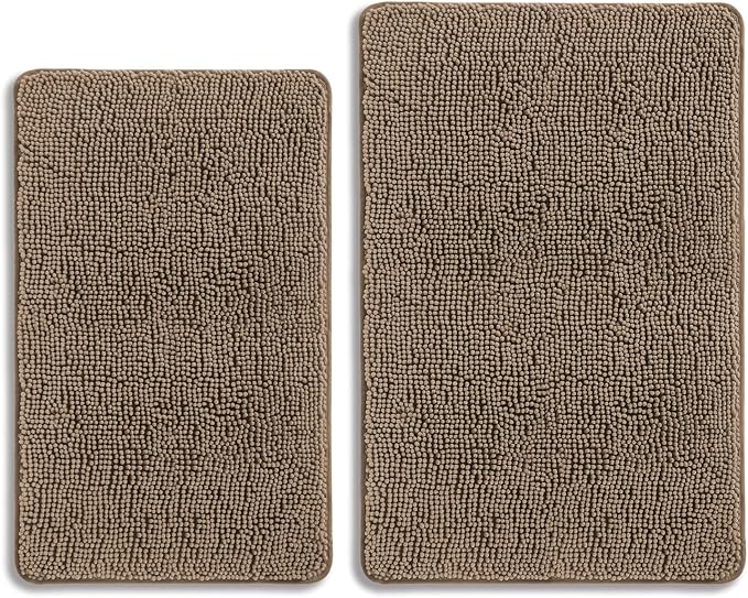 Taupe Bathroom Rugs Sets 2 Piece – Absorbent and Washable Bath Mat, Non-Slip, Thick Soft Chenille Bath Rugs for Bathroom Floor, Shower, Sink - 20" x 32"+24" x 36"