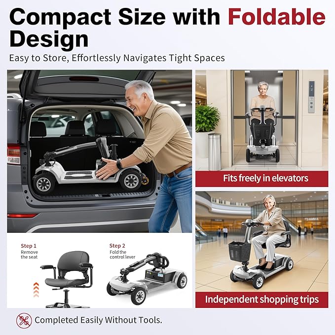 Foldable Mobility Scooter for Seniors - 418 LBS Weight Capacity, Tight Turning Radius, Easy to Use & Fold, Fits in Car Trunk, 21.7-Mile Range, 360° Seat