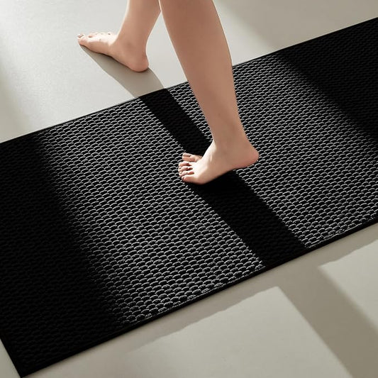 TYUU Black Bathroom Runner Rugs, Long Bath Mat Runner Washable Thin Quick Dry Low Pile Bathroom Runner Rugs Non Slip, Black 16''x60''