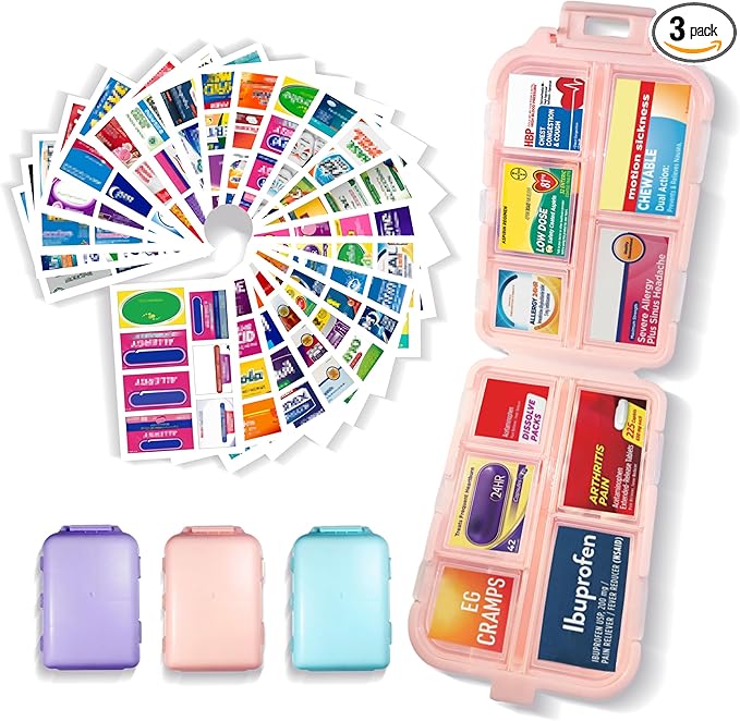 Pill Organizer with Medicine Labels 146 Labels Travel Daily Pill Container Mini Medication Organizer Storage Travel Essentials Pill Case 7 Day Pill Organizer (Blue+Pink+Purple, 3 Packs)