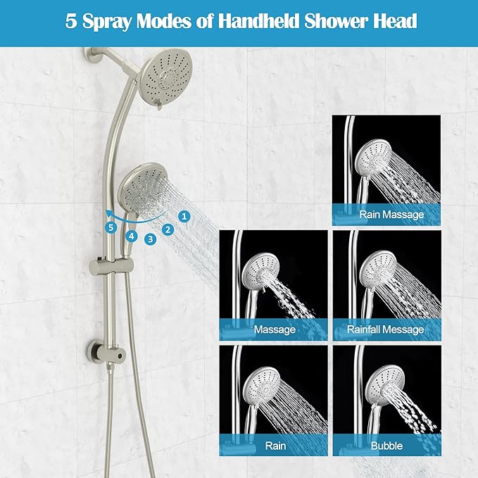 Lordear Rain Shower Head with Handheld Spray 5 Setting 3-Way Water Diverter Double Rain Hotel Spa Dual Bathroom Rain Shower Head Combo with Adjustable Sliding Bar,Brush Nickel