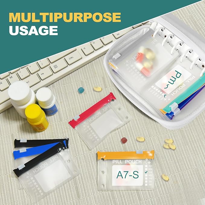 Timueetech A7 Waterproof Pill Organizer with 14 S Zippered Pill Pouches for A7 Binder, Small BPA-Free Weekly Medicine Organizer, Color-Coded Reusable Travel Pill Storage System