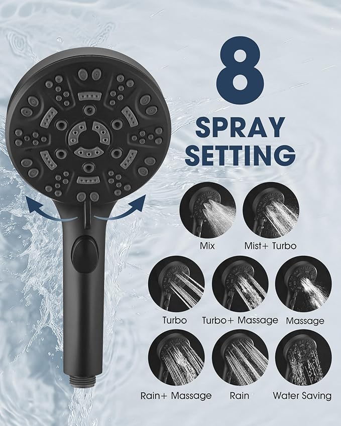 Handheld Shower Head with 6.56ft Extra Long Hose, On Off Switch 8-Seting High Preesure Hand Held Showerhead, Low-Reach Adhesive Holder for Kid, Disable& Elder (Matte Black)