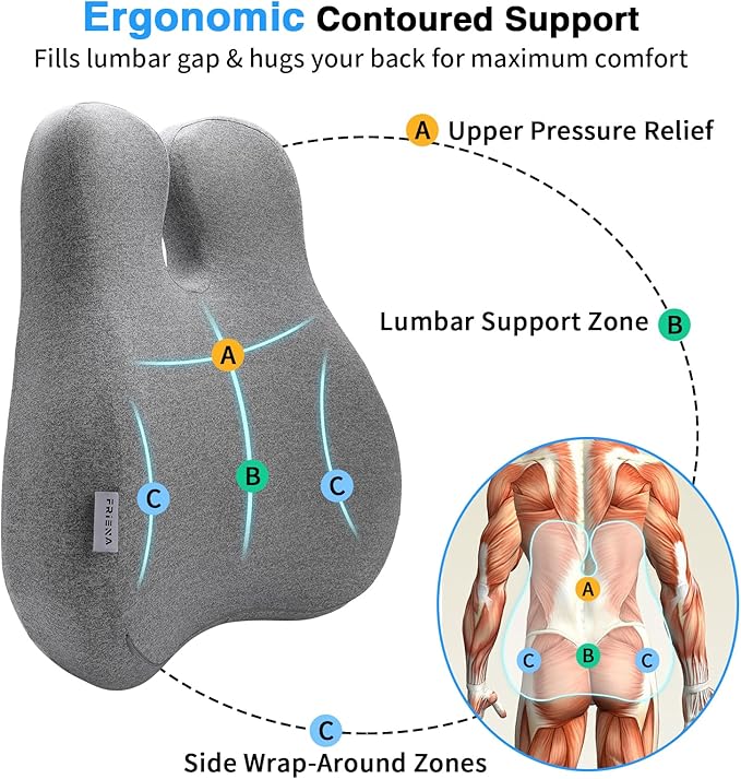FRIENA Lumbar Support Pillow for Office Chair & Home– High-Density Memory Foam Back Cushion for Lower Back Pain Relief, Ergonomic Back Support Pillow with Breathable Washable Cover – Gray
