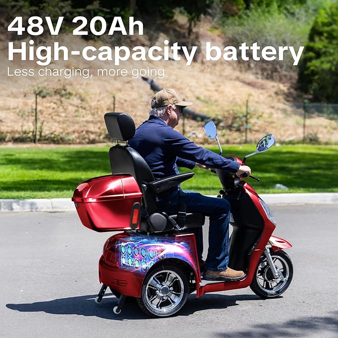 Super Large Electric 4 Wheel Mobility Scooters, Heavy Duty 800W Wheelchair Device, 25 Miles Long Range, All Terrain Mobility Scooter，Speed Adjust, Remote Key,Receive Ready to Ride (3 Wheel -red)